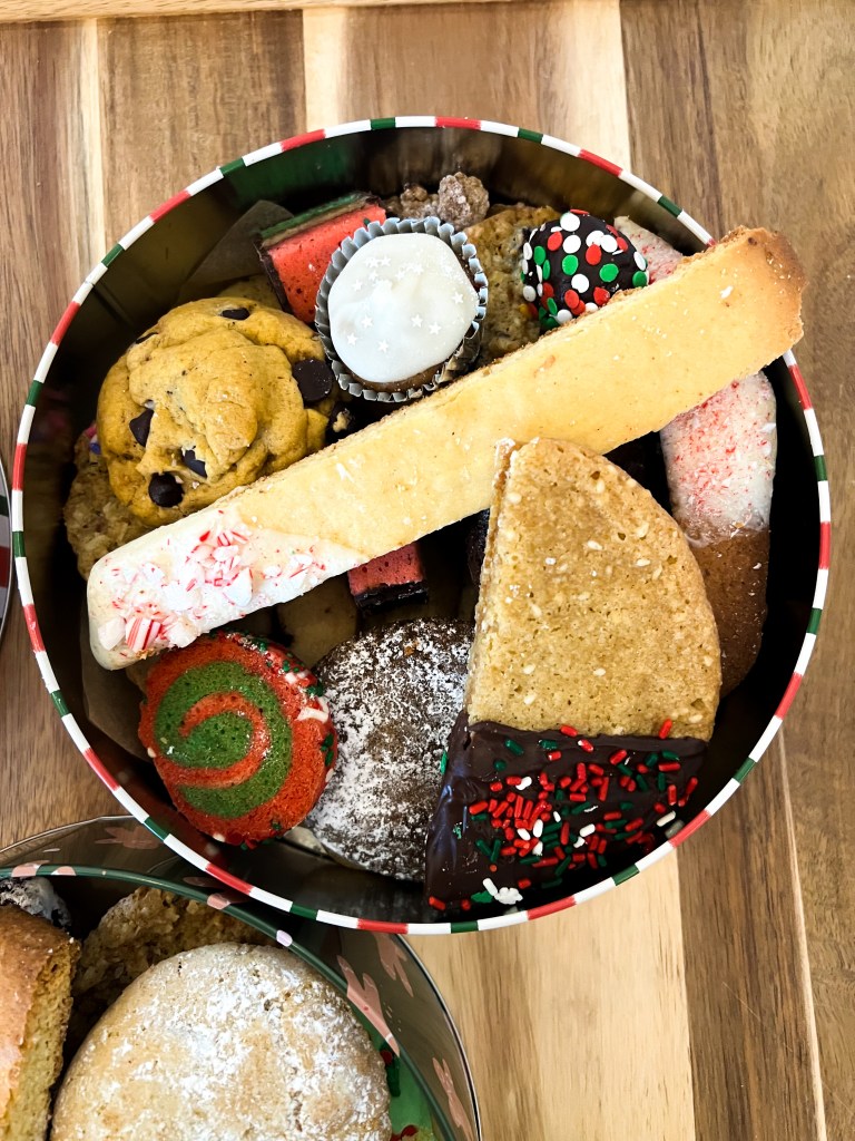 Assortment of holiday cookies in a tin